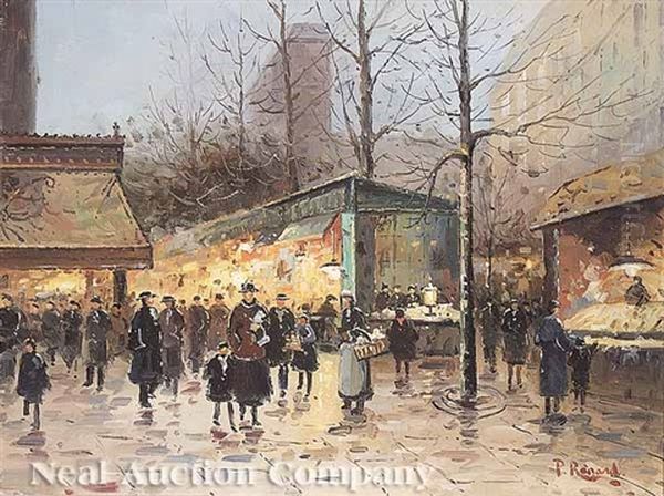 Boos Stall On A Grand Boulevard, Paris (+ Parisian Street Scene; Pair) by Paul Renard