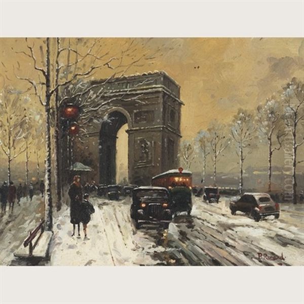 Arc De Triomphe On A Snow Covered Day Oil Painting by Paul Renard