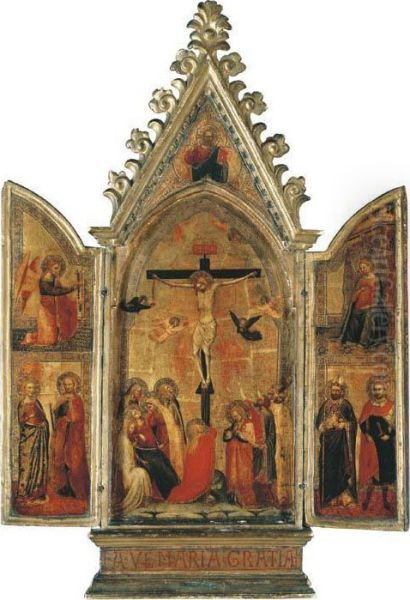 A Tabernacle: The Central Panel: The Crucifixion; The Wingsextended: The Annunciation With The Archangel Gabriel And Saintsmargaret Of Antioch And Catherine Of Alexandria, On The Left; Andthe Virgin With Saints Nicholas Of Myra And Julian The Hospitator,o Oil Painting by Giovanni Bonsi