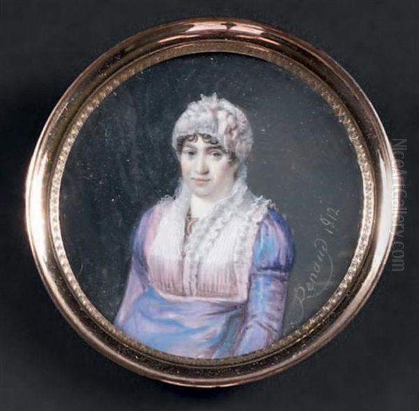 Portrait En Buste D'une Jeune Femme Portant Une Robe De Soie Violine A Plastron Et Col De Dentelle, Comme Sa Coiffure Ornee De Rubans De Satin Rose Oil Painting by Marie Honore Renaud