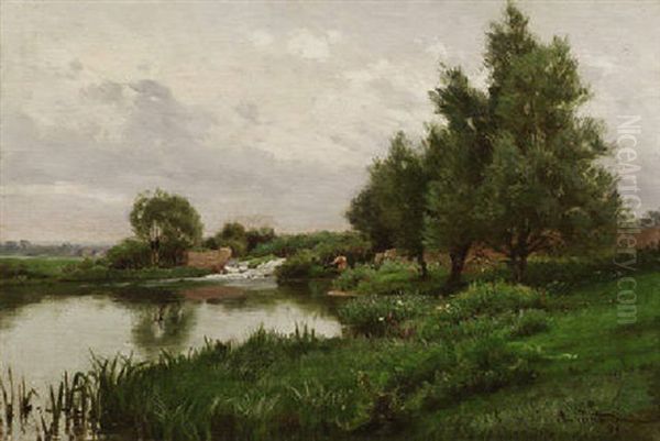 Sommerlandschaft Mit Angler Am Flus Oil Painting by Alfred Renaudin