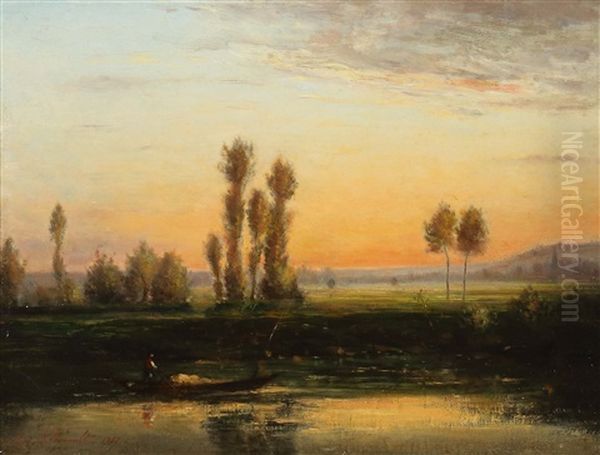 Flusslandschaft Mit Fischer Oil Painting by Charles Edmond Renault