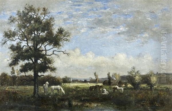 Chenes Vernicules Avec Des Chevaux Paturant Oil Painting by Charles Edmond Renault