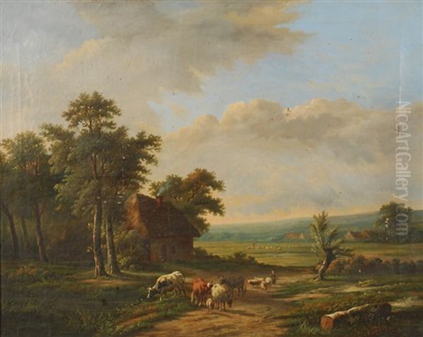 Bergers Et Troupeaux Dans Un Paysage Oil Painting by Charles Edmond Renault