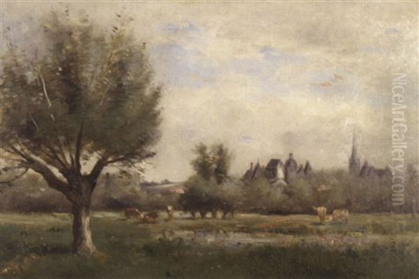 Landschaft Mit Weidenden Kuhen Und Dorfsilhouette Oil Painting by Charles Edmond Renault