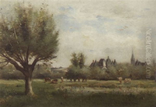 Weidelandschaft Mit Dorf Oil Painting by Charles Edmond Renault