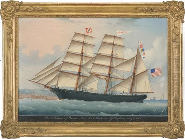 Bark Helena Of Bangor, Captn. J.a. Jackson: Off Leghorn, Augst. 14th, 1868 Oil Painting by Luigi P. Renault