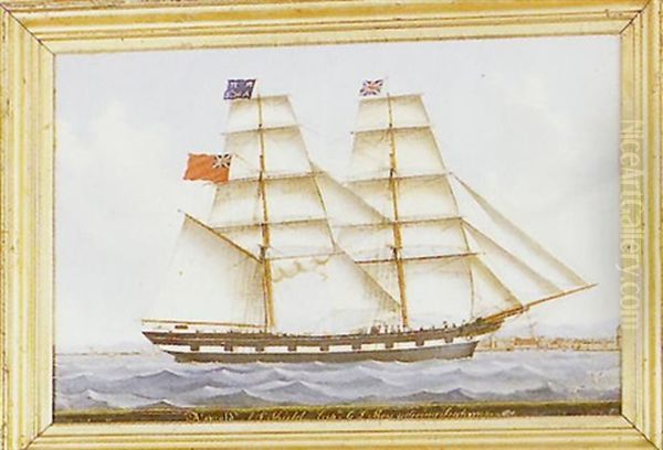 Ship Portrait Of A 2-masted Ship In Full Sail, Flying The British Flag, Entering A Harbor Oil Painting by Luigi P. Renault