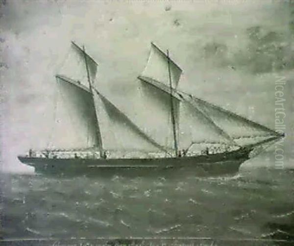 Schooner Lizzie Run Into By The American Barque E. Plurilus Unnum Of Baltimore; Schooner Lizzie Under Jury Mast... Oil Painting by Luigi P. Renault