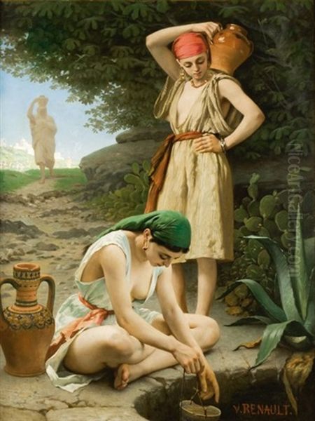 Jeunes Filles De Tanger Puisant De L'eau A Une Citerne Oil Painting by Victor Jacques Renault