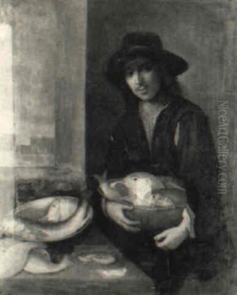 Young Man Holding A Basket Of Fish Beside A Still Life Of Fish And Peppers Oil Painting by Constantijn Daniel van Renesse