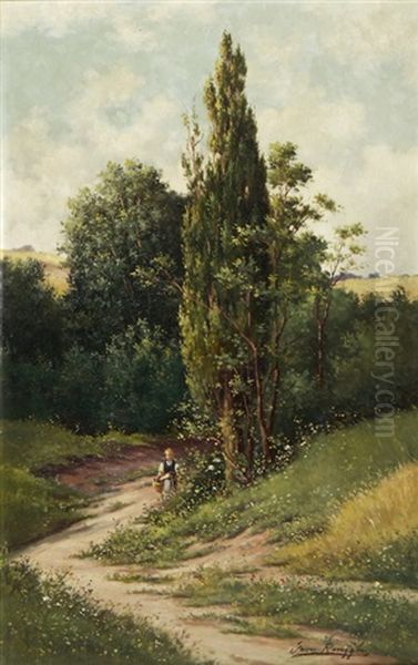 Madchen Auf Dem Weg Am Waldrand Oil Painting by Jean Joseph Seraphin Renggli the Younger