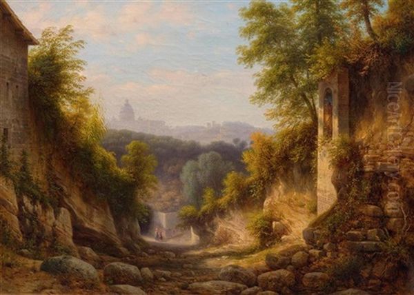 Bewaldete Italienische Felsenlandschaft Mit Blick Auf Rom Im Hintergrund Oil Painting by Giovanni Renica