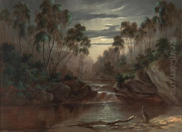 Kangaroo In A Moonlit Australian Landscape Oil Painting by Marion Rennick