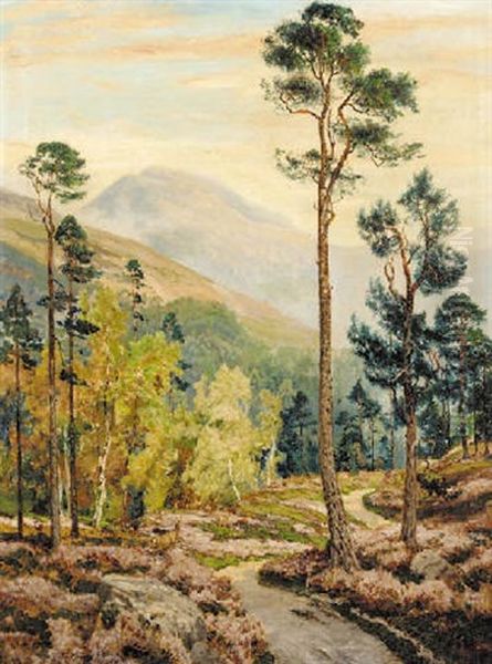 Stag And Deer By A Highland Path, Mountains Beyond by George Melvin Rennie