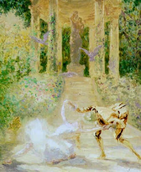 Ballet In A Garden With Classical Temple Oil Painting by Charles Paul Renouard