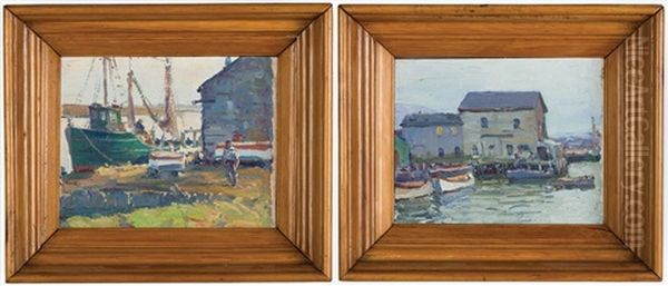 Two Dock Scenes Oil Painting by George A. Renouard