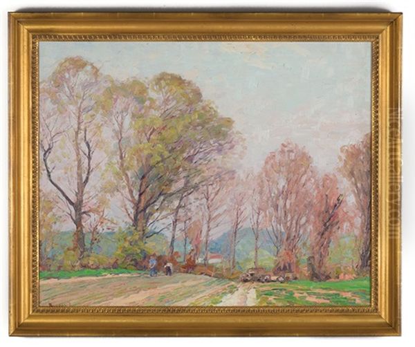 Fall Landscape With Figures And Farm Equipment Oil Painting by George A. Renouard