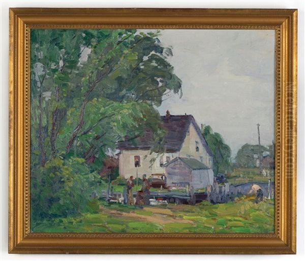 Figures In Backyard With Shed And Vehicle Oil Painting by George A. Renouard