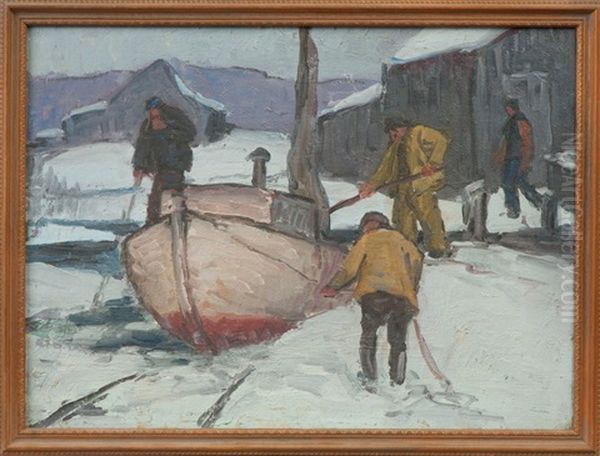 Winter Scene At Docks Oil Painting by George A. Renouard