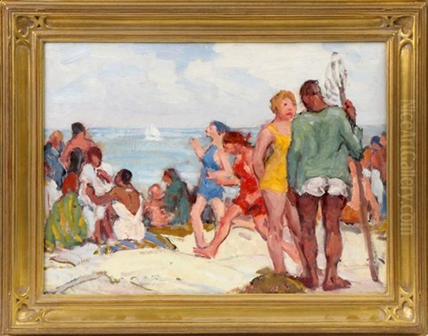 Figures On Beach Oil Painting by George A. Renouard