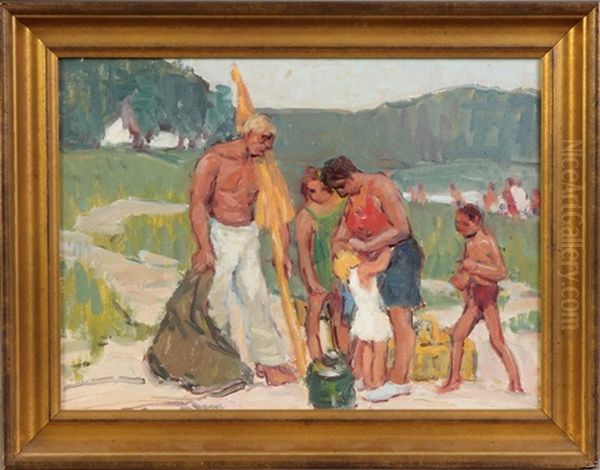 Family At Beach Oil Painting by George A. Renouard