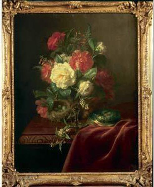 Bouquet De Fleurs Et Nid Sur Un Entablement Oil Painting by Jean-Louis Bonthoux