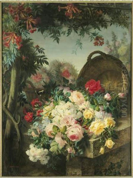 Jete De Fleurs Et Panier Sur Un Entablement Oil Painting by Jean-Louis Bonthoux