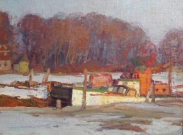 Boats In A Lock In Winter Oil Painting by George A. Renouard