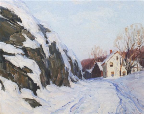 Snowy Road With Houses Oil Painting by Georges A. Renourd