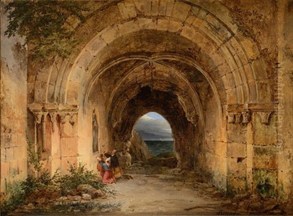 Pelerins En Priere Dans Les Ruines D'une Abbaye Oil Painting by Charles Caius Renoux