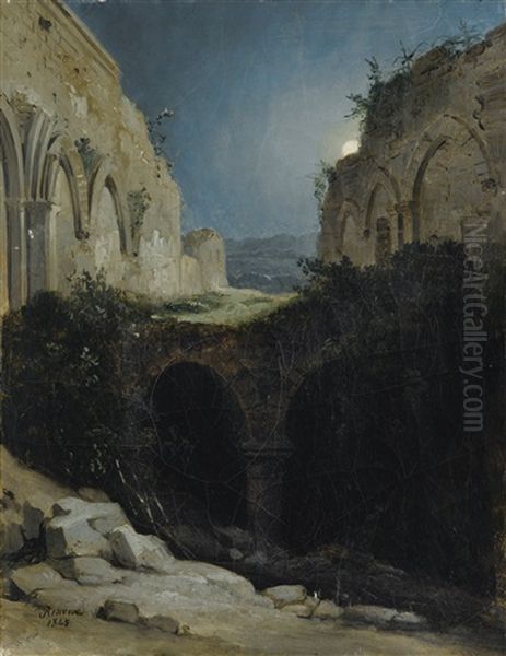 Paysage Nocturne Avec Les Ruines D'une Eglise Oil Painting by Charles Caius Renoux