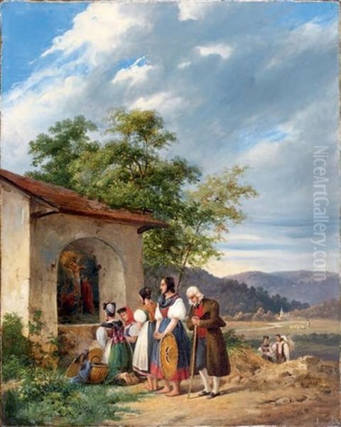 Villageois En Priere Devant Un Autel Dans La Vallee Du Comminges Oil Painting by Charles Caius Renoux