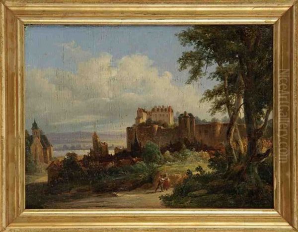 Promeneurs Dans Un Paysage De Collines Et Couple De Promeneurs Pres D'un Chateau (pair) Oil Painting by Charles Caius Renoux