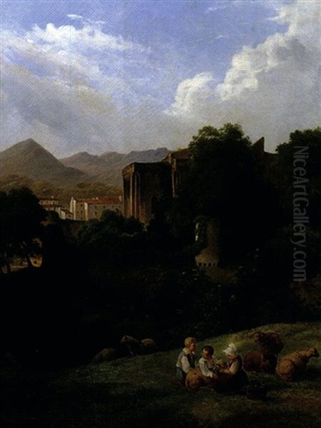 Jeunes Berbers Dans Un Paysage De Ruines Medievales Oil Painting by Charles Caius Renoux