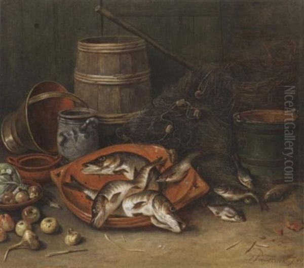 Stilleben Mit Fischen Und Gemuse In Tonschalen Vor Fischernetzen Und Kuchengerat Oil Painting by Jan Rentinck