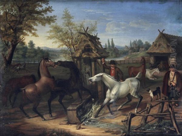 Streit Auf Der Pferdekoppel Oil Painting by August von Rentzell