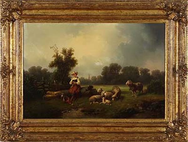 Strickende Schaferin Am Stadtrand Oil Painting by August von Rentzell