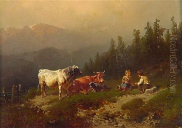 Vesperzeit. Hutejunge Und Dirndl Bei Vieh Auf Der Alm Oil Painting by August von Rentzell