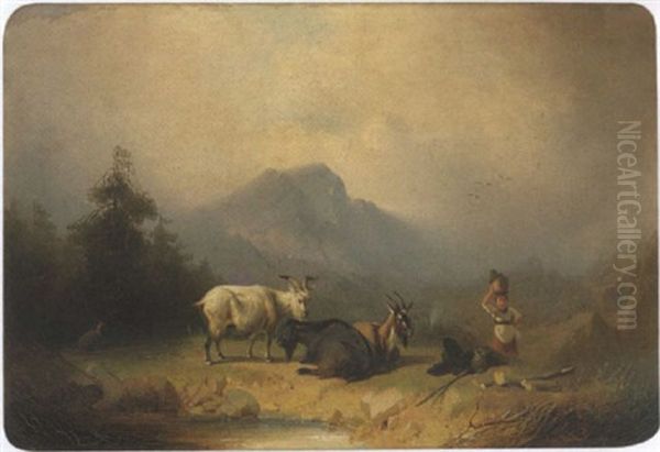 Hirtin Mit Ziegen An Einer Alpentranke Oil Painting by August von Rentzell