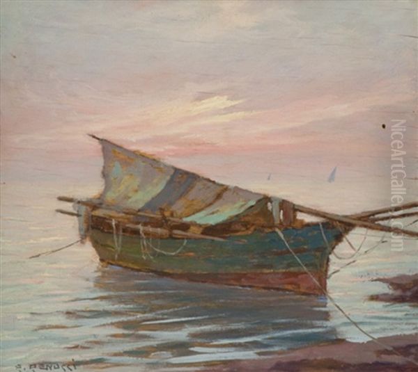 Pozzolani All'ormeggio - Cielo Rosso Oil Painting by Renuccio Renucci