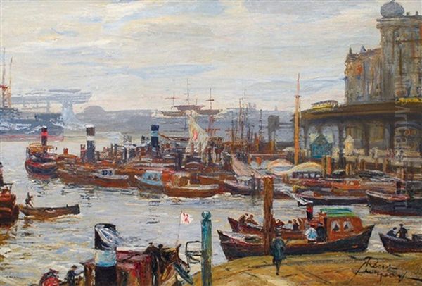 Blick Uber Den Hamburger Hafen Oil Painting by Alfred Renz