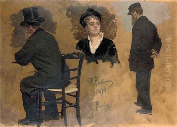 A Parisian Cafe : Arthur Meyer And A Female Head (study) Oil Painting by Ilya Repin