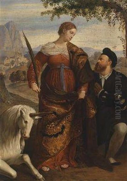 Saint Justina With The Unicorn And A Donor Oil Painting by Alessandro Bonvicino (Moretto da Brescia)