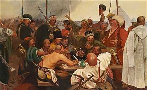 Zaporozhian Cossacks Of Ukraine Writing A Letter To The Turkish Sultan Oil Painting by Ilya Repin