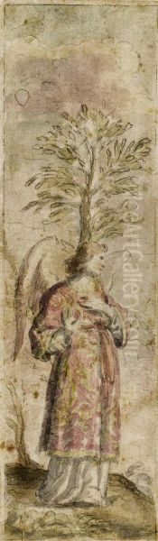 Standing Angel Before A Landscape Oil Painting by Alessandro Bonvicino (Moretto da Brescia)