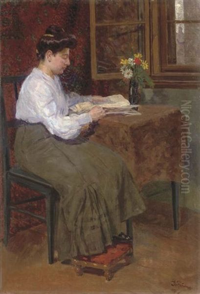 Portrait Of A Woman Reading A Book Oil Painting by Ilya Repin