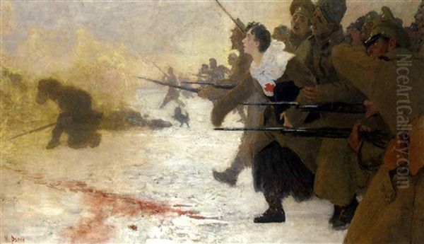 The Attack With The Red Cross Nurse Oil Painting by Ilya Repin