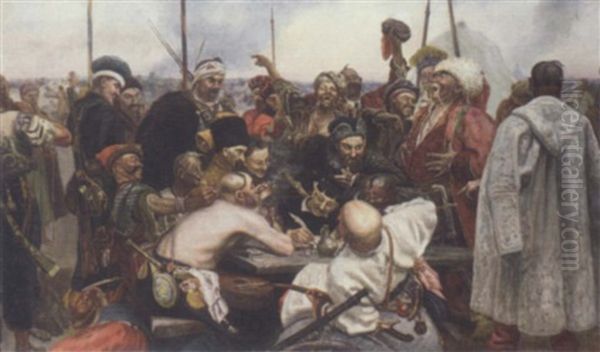 Zapoprozgii Cossacks Writing A Mocking Letter To The Turkish Sultan Oil Painting by Ilya Repin