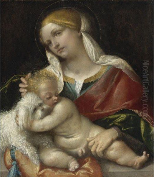 Madonna And Child With A Dog Oil Painting by Alessandro Bonvicino (Moretto da Brescia)